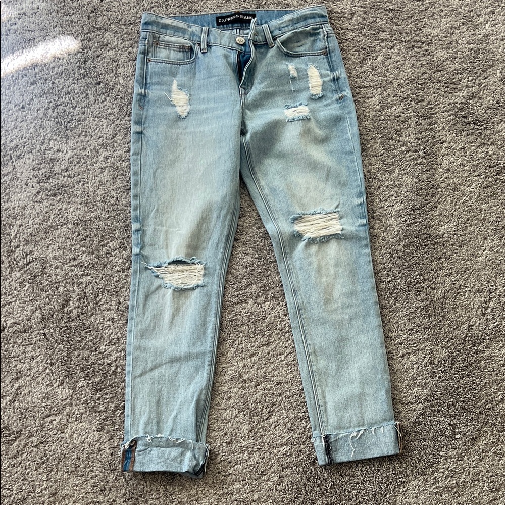 Express Light Blue Distressed Cropped Jeans
